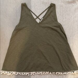Olive Green Boho Tank Top Crisscross Back Pom Trim (Oversized Small)